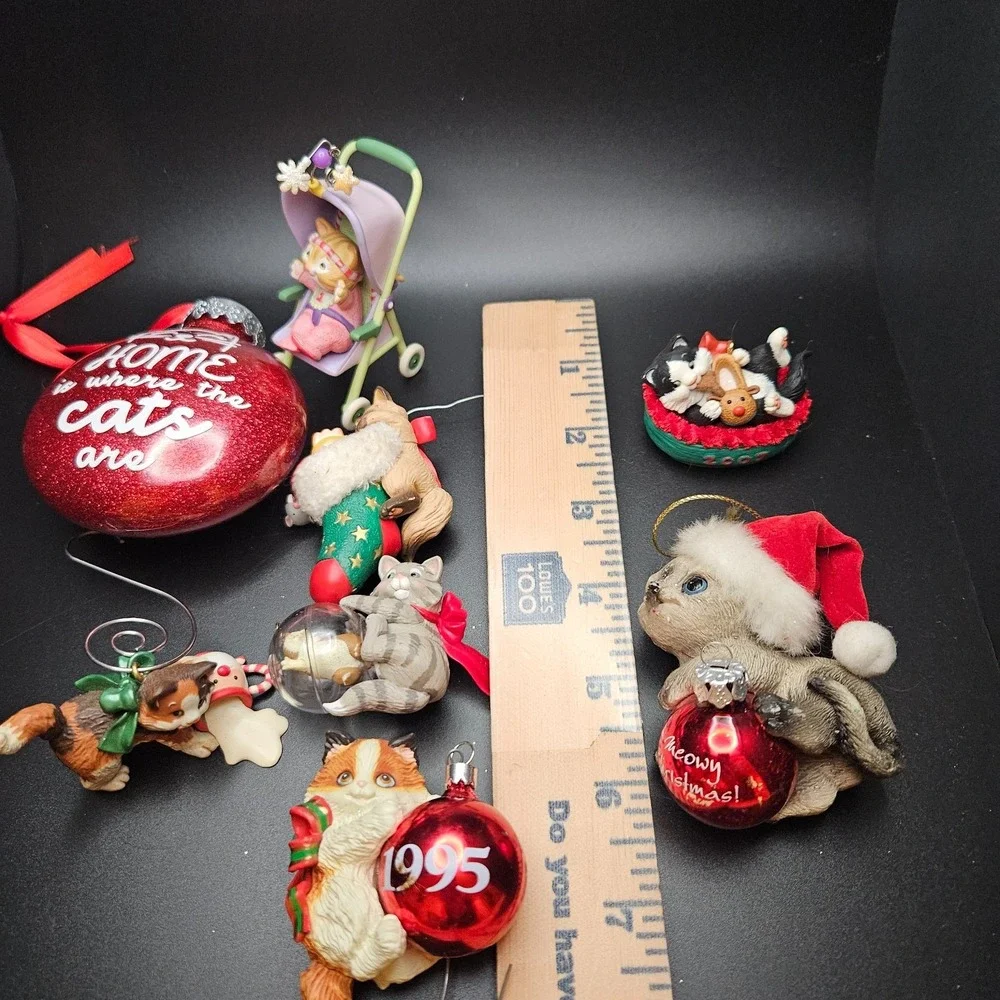 Vintage Cat Christmas Ornament Lot of 8‎ Resin Glass 1990s Kitty Holiday Decor